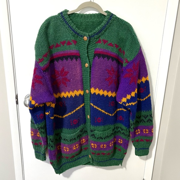 Handmade Other - Vintage Handknit Wool Nordic Cardigan Sweater Pirple Green Blue size XLarge